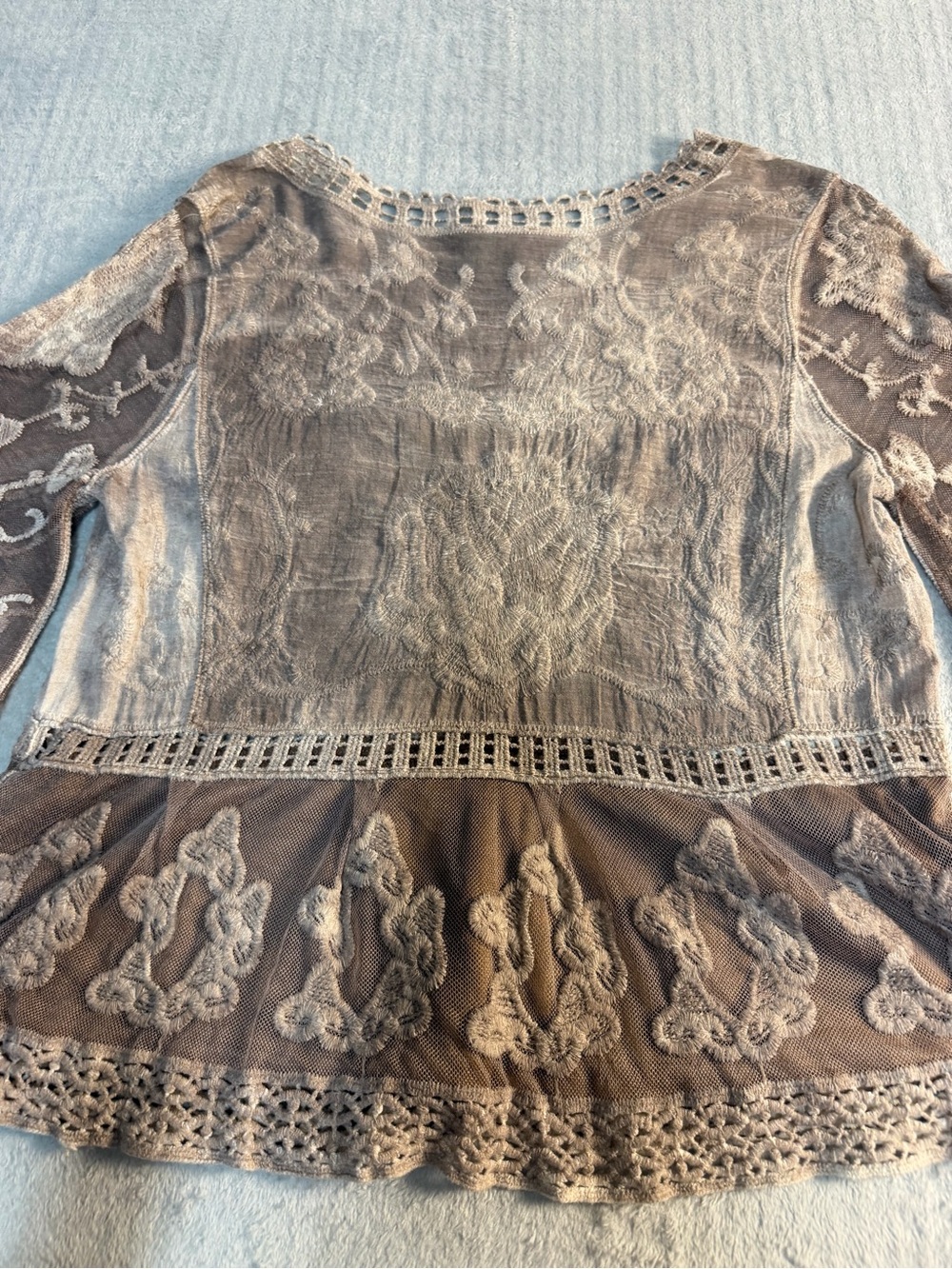 Embroidered Boho Peplum Top S Taupe Lace Mesh Cottagecore - Picture 12 of 12